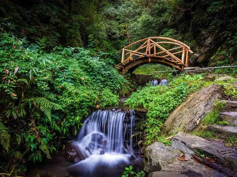 Jibhi Waterfall flowing gently through forest rocks in Himachal